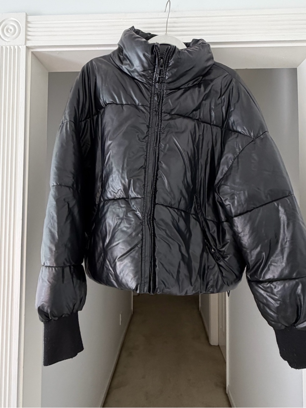 Charcoal  Black Puffer Jacket with High Collar - Women